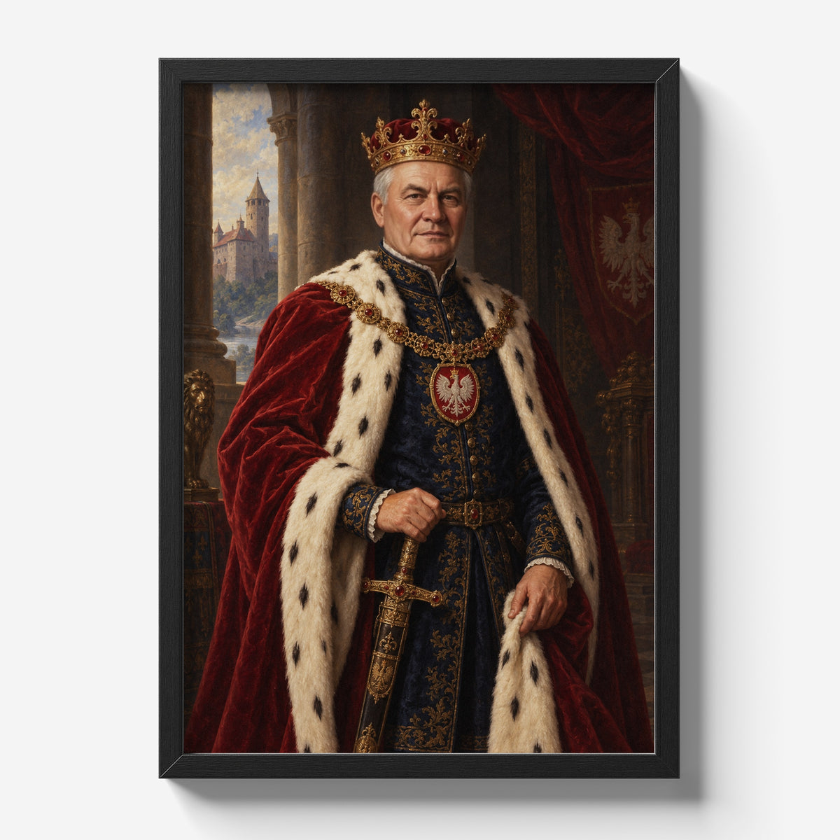 Król Polski — plakat ze zdjęcia w czarnej ramie na jasnym tle, z portretem mężczyzny w koronie i czerwonym płaszczu z gronostajem, z motywem białego orła.