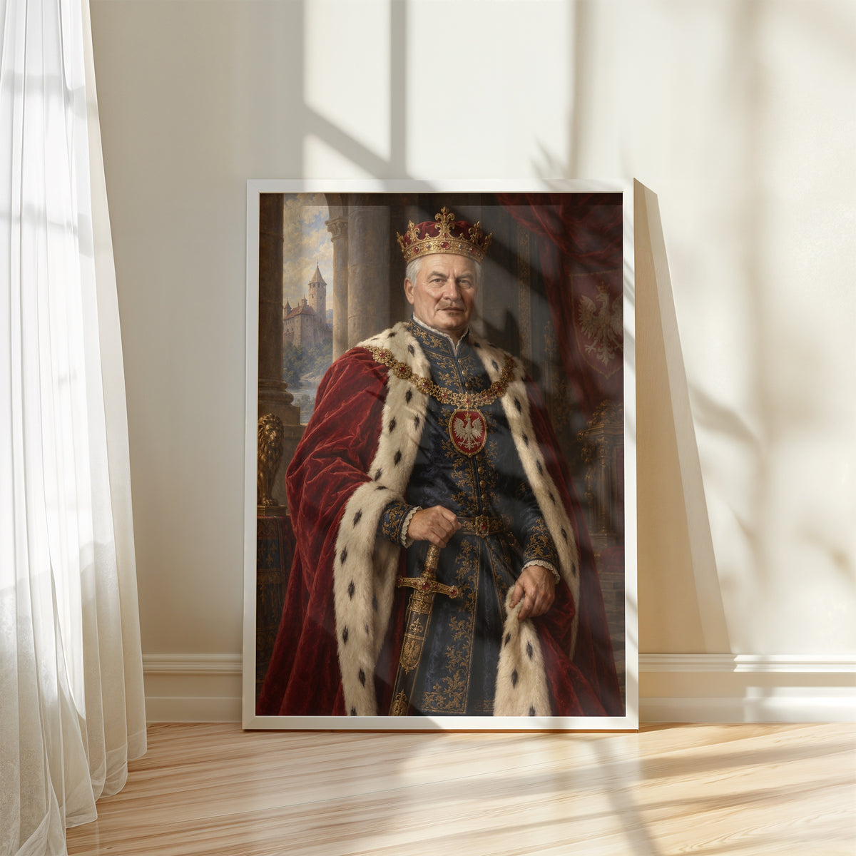 Król Polski — plakat w białej ramie przy oknie, z portretem mężczyzny w koronie i czerwonym płaszczu z gronostajem, z motywem białego orła. C-PL-ROY-03-2130-NF
