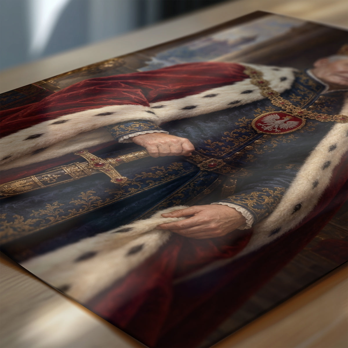 Zbliżenie plakatu Król Polski: detale malarskiego kostiumu, rekwizytów i tła na papierze fotograficznym. C-PL-ROY-03-2130-NF