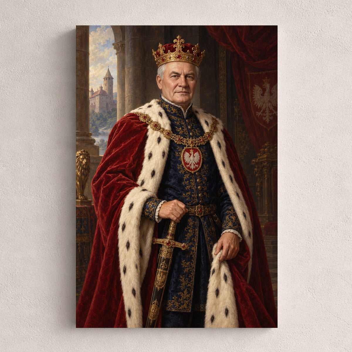 Król Polski — personalizowany portret ze zdjęcia na płótnie, przykład obrazu w rozmiarze 20×30 cm na jasnej ścianie.