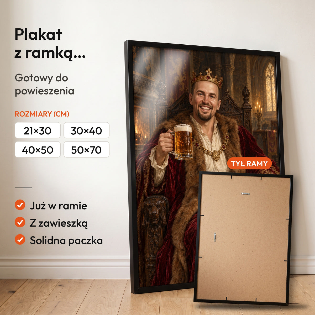 Król z piwem — plakat z ramką, gotowy do powieszenia: czarna rama od przodu i tył ramy z zawieszką. C-PL-ROY-02-2130-NF