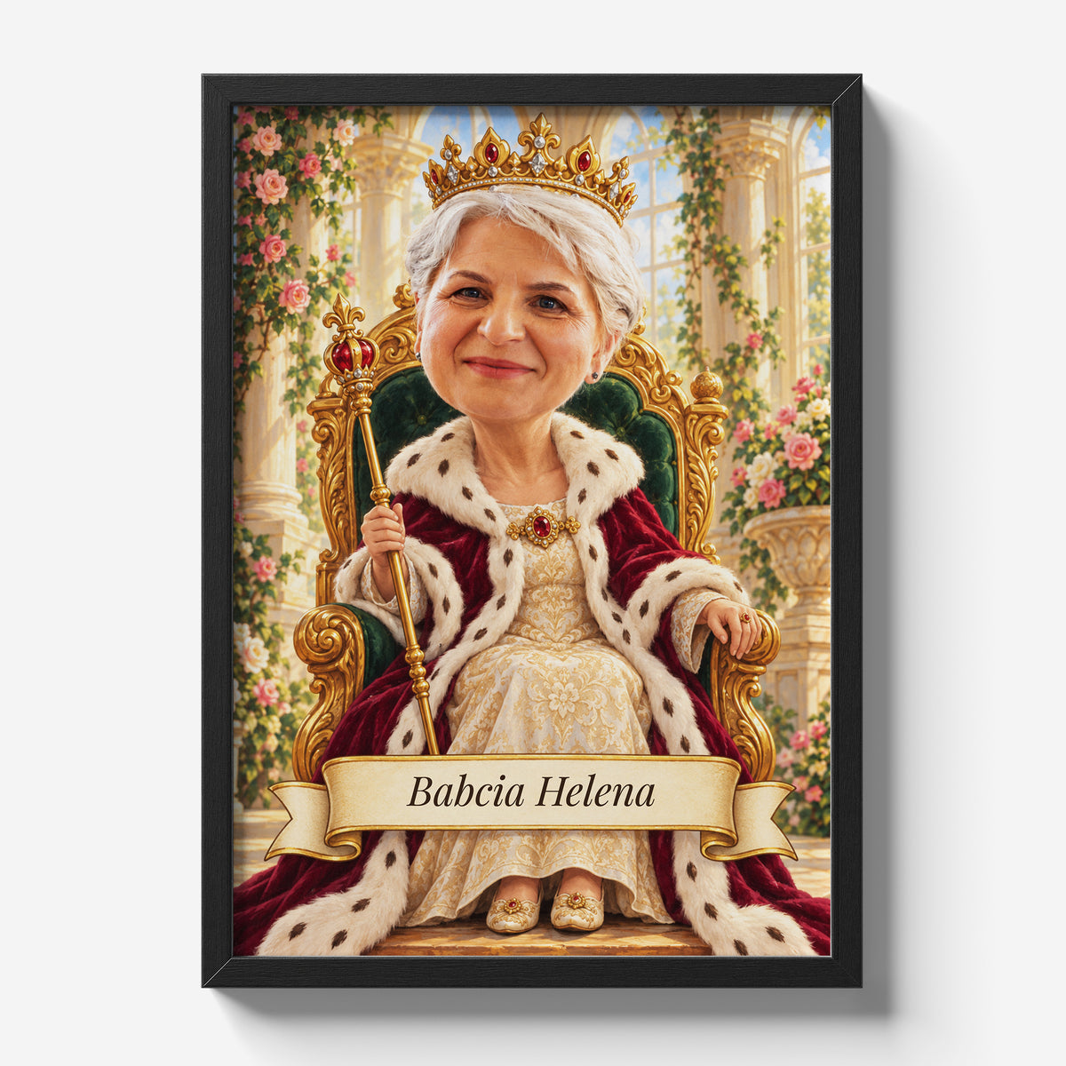 Królowa Babcia — plakat ze zdjęcia w czarnej ramie na jasnym tle, z karykaturą babci w koronie na złotym tronie, w jasnej sali z kwiatami.