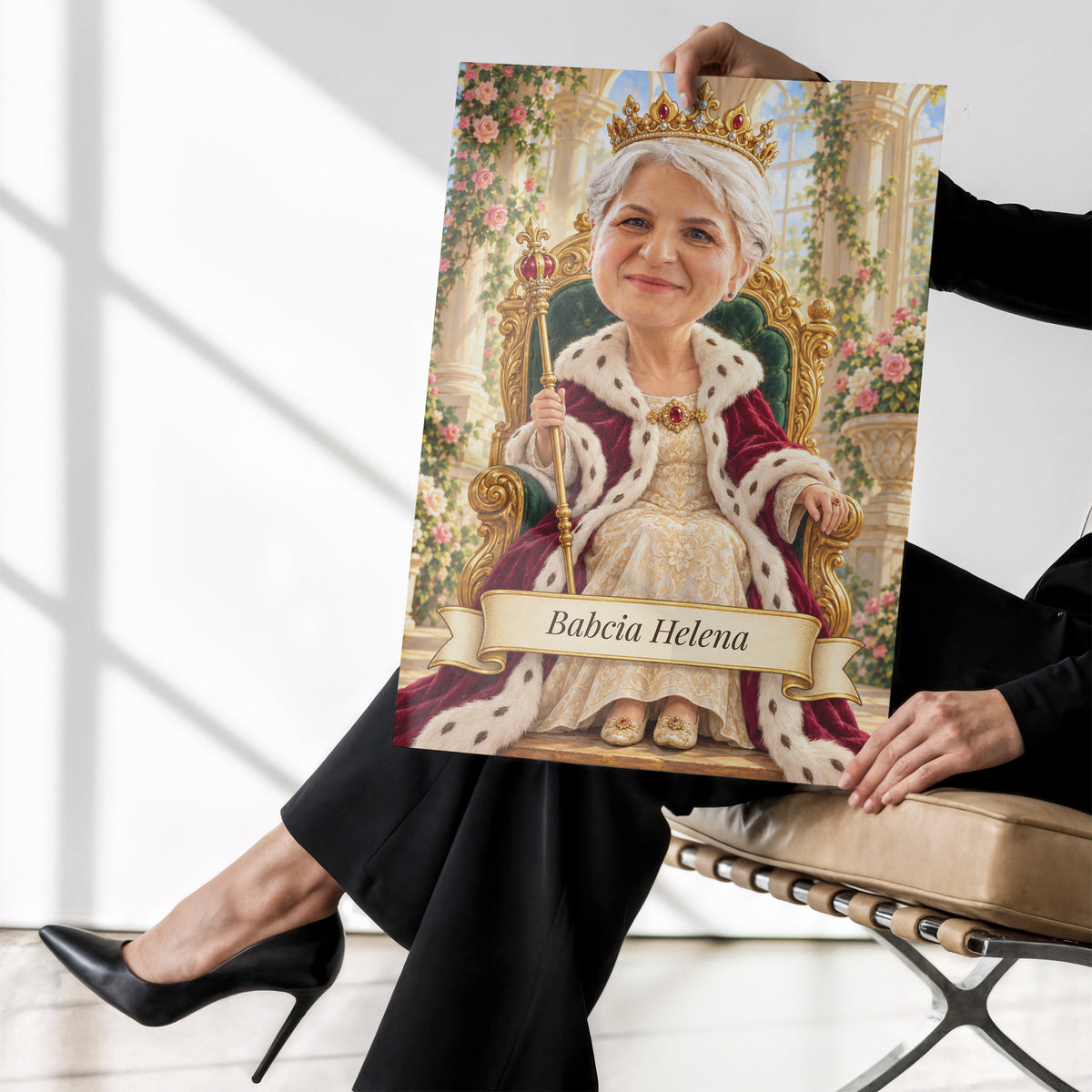 Królowa Babcia — plakat bez ramki trzymany w dłoniach, z karykaturą babci w koronie na złotym tronie, w jasnej sali z kwiatami. C-PL-KAR-07-2130-NF