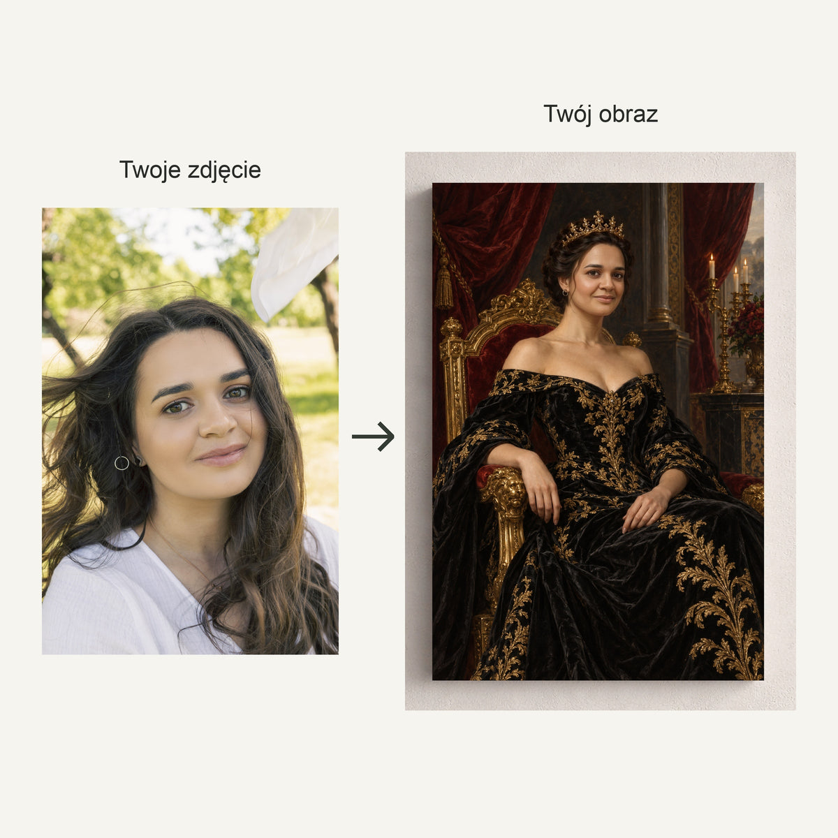 Królowa czarnego złota — fotografia źródłowa i rzeczywisty portret ze zdjęcia na płótnie, pokazane obok siebie ze strzałką przed i po. C-CV-ROY-07-2030