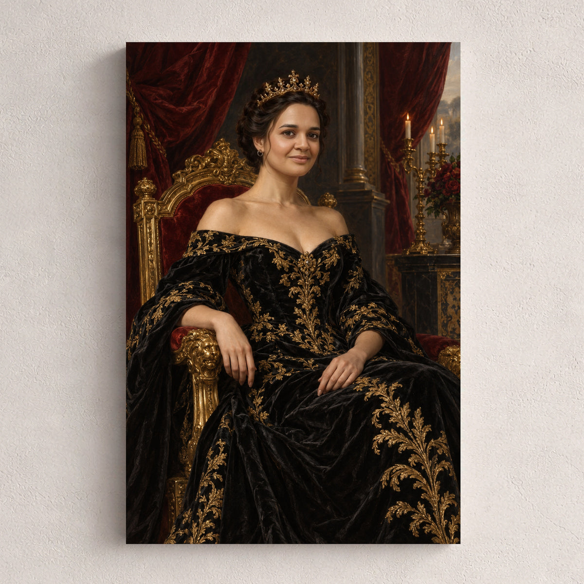 Królowa czarnego złota — personalizowany portret ze zdjęcia na płótnie, przykład obrazu w rozmiarze 20×30 cm na jasnej ścianie.