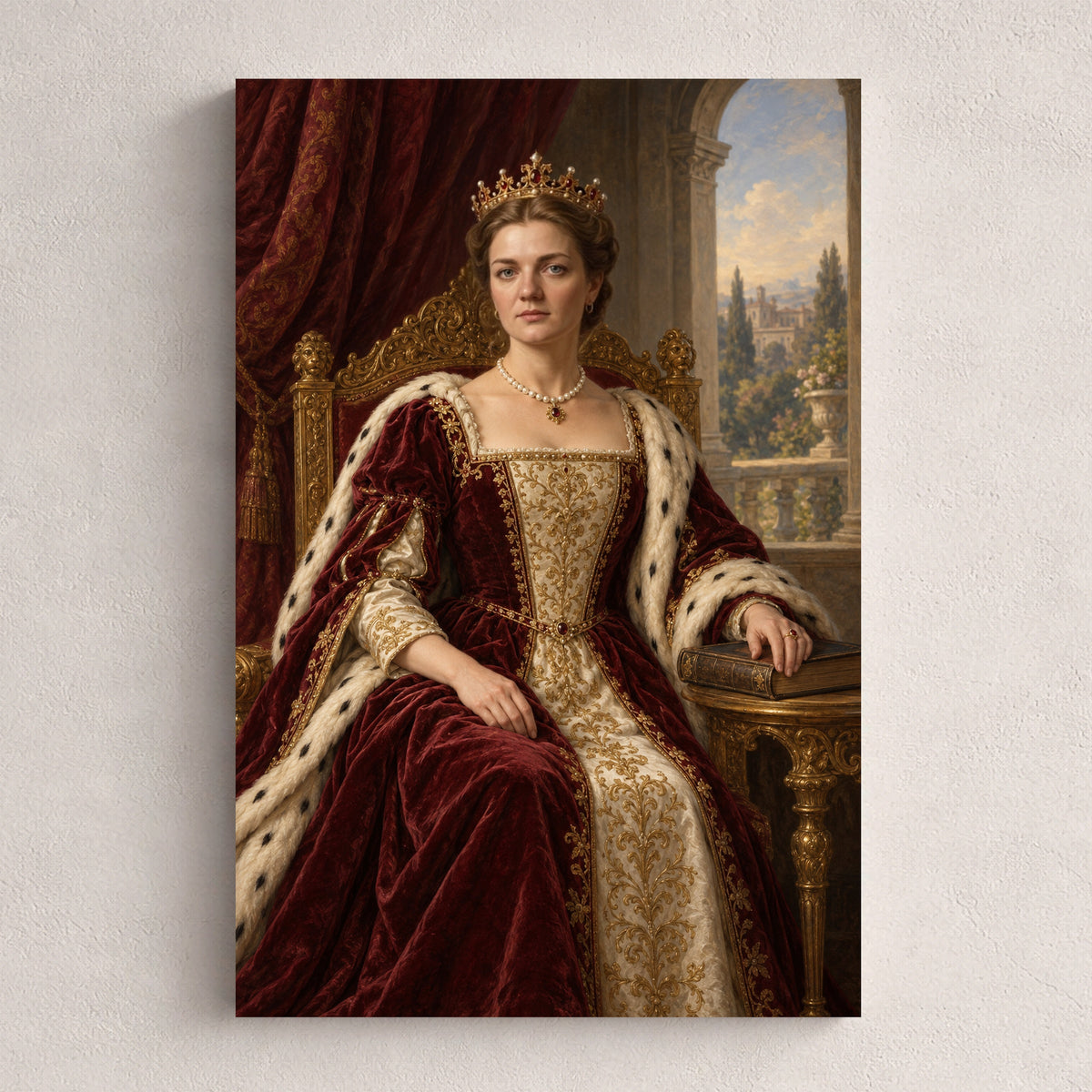 Królowa — personalizowany portret ze zdjęcia na płótnie, przykład obrazu w rozmiarze 20×30 cm na jasnej ścianie.
