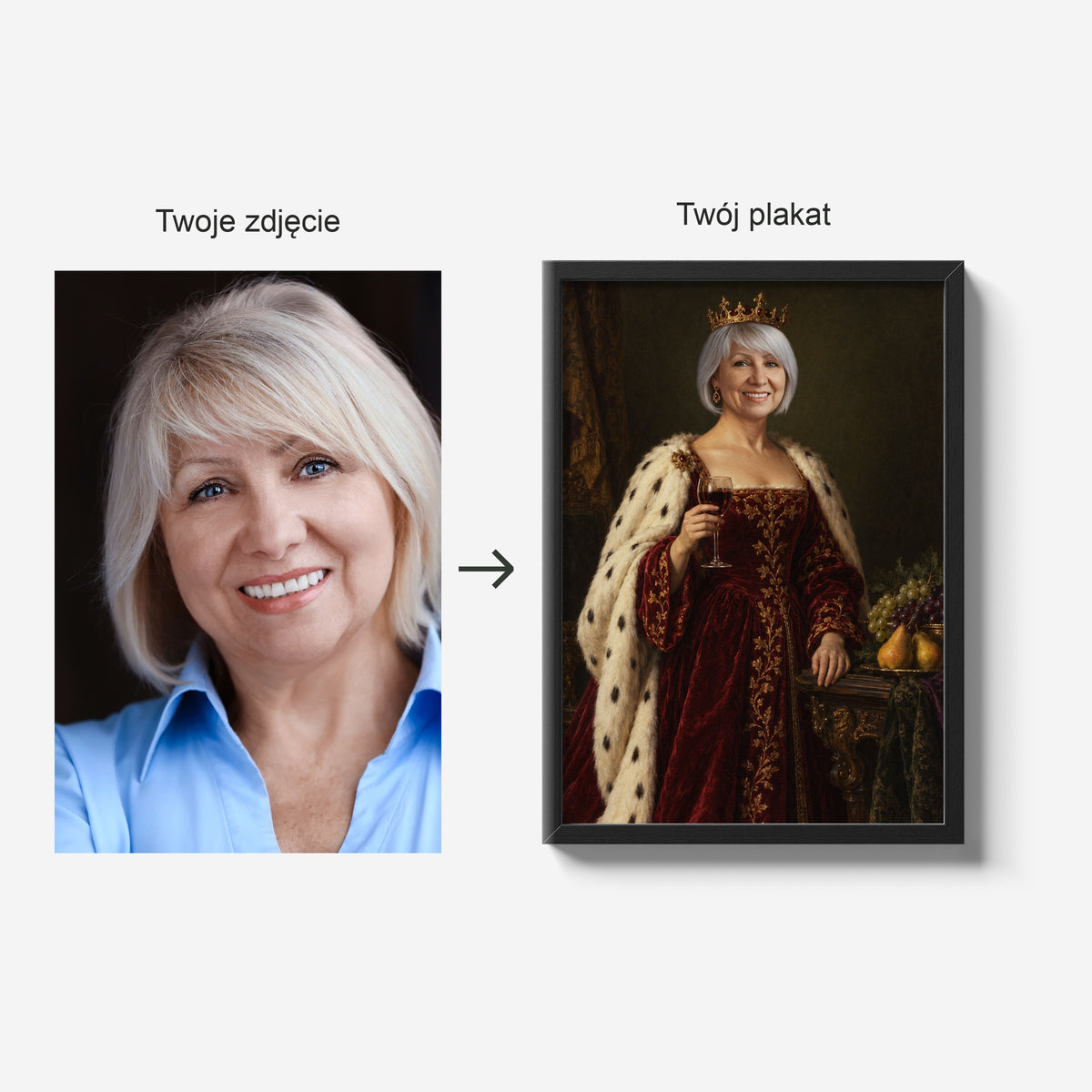 Królowa Wina — zdjęcie źródłowe i gotowy plakat w czarnej ramie; porównanie tej samej osoby przed i po personalizacji. C-PL-ROY-11-2130-NF