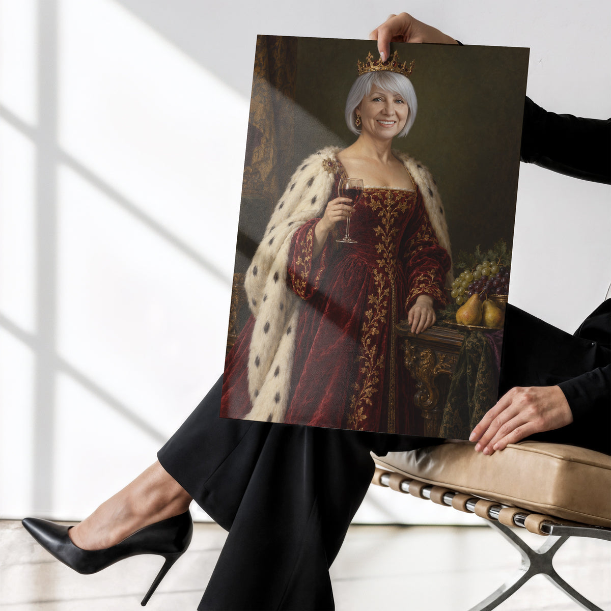 Królowa Wina — plakat bez ramki trzymany w dłoniach, z portretem kobiety w bordowej sukni i koronie, z kieliszkiem czerwonego wina. C-PL-ROY-11-2130-NF