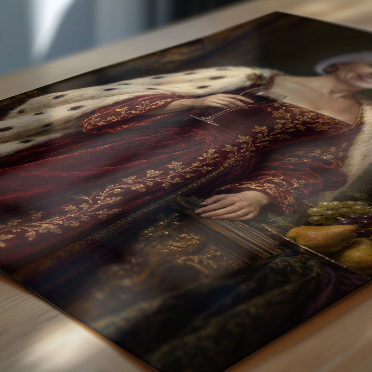 Zbliżenie plakatu Królowa Wina: detale malarskiego kostiumu, rekwizytów i tła na papierze fotograficznym. C-PL-ROY-11-2130-NF