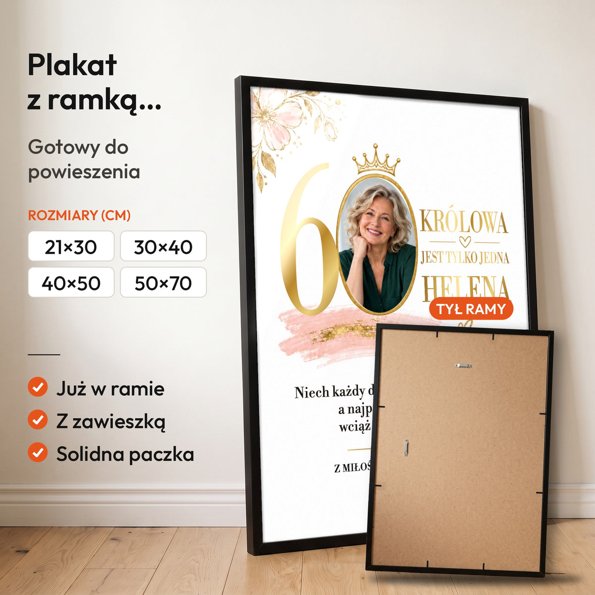 KRÓLOWA — plakat z ramką, gotowy do powieszenia: czarna rama od przodu i tył ramy z zawieszką. C-PL-URODZ-60-4-2130-NF