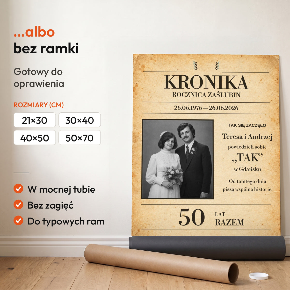 Kronika Zaślubin — plakat bez ramki, gotowy do oprawienia: rozwinięty z rolki, obok tuba do wysyłki. C-PL-HEART-13-2130-NF