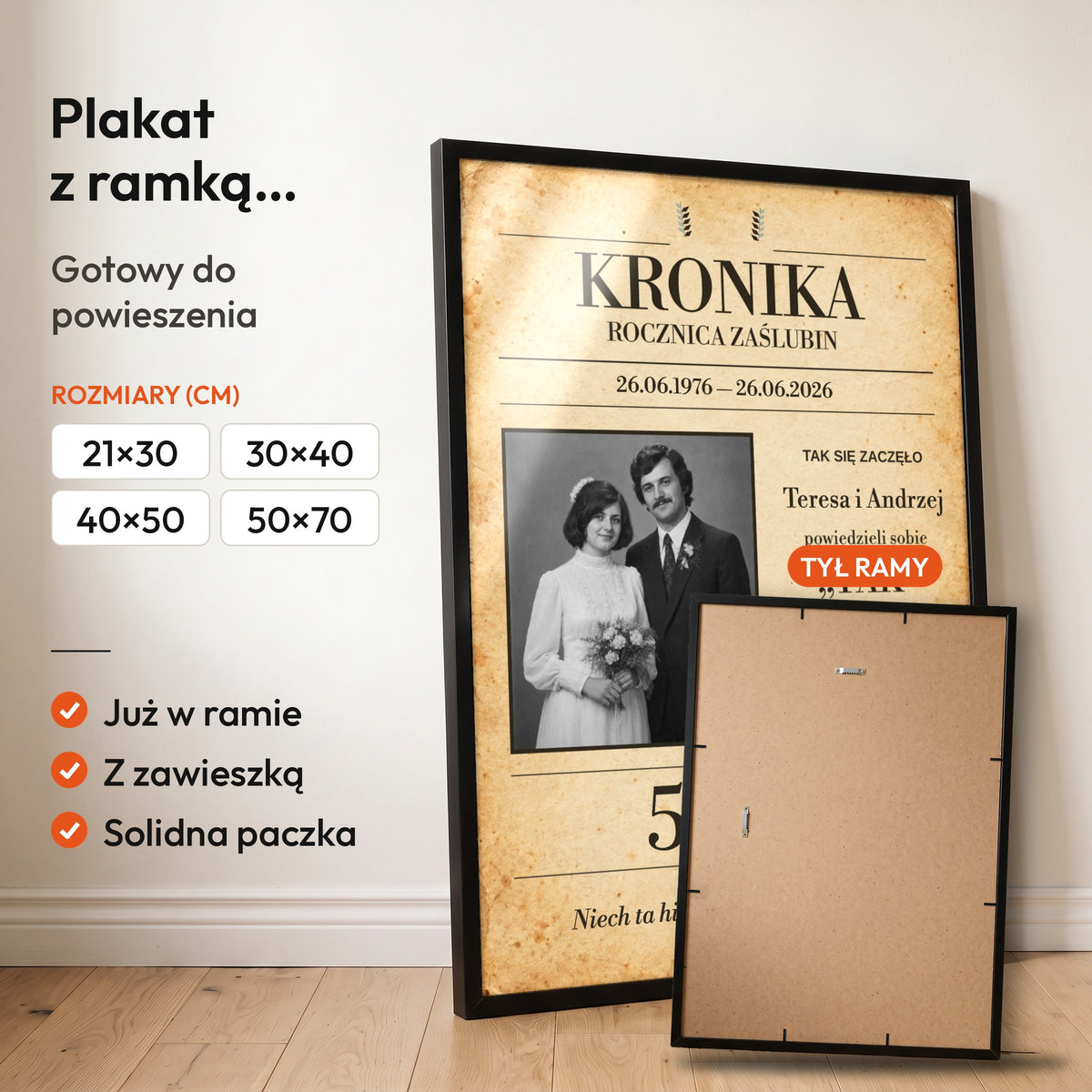 Kronika Zaślubin — plakat z ramką, gotowy do powieszenia: czarna rama od przodu i tył ramy z zawieszką. C-PL-HEART-13-2130-NF