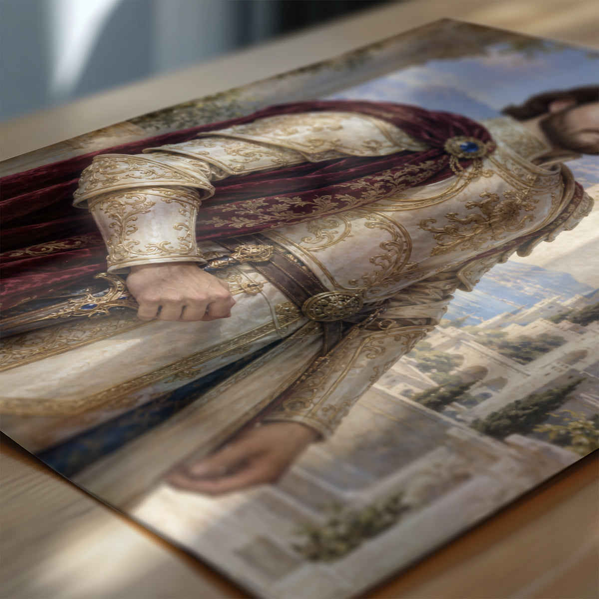 Zbliżenie plakatu Książę Złotego Pałacu: detale malarskiego kostiumu, rekwizytów i tła na papierze fotograficznym. C-PL-ROY-13-2130-NF