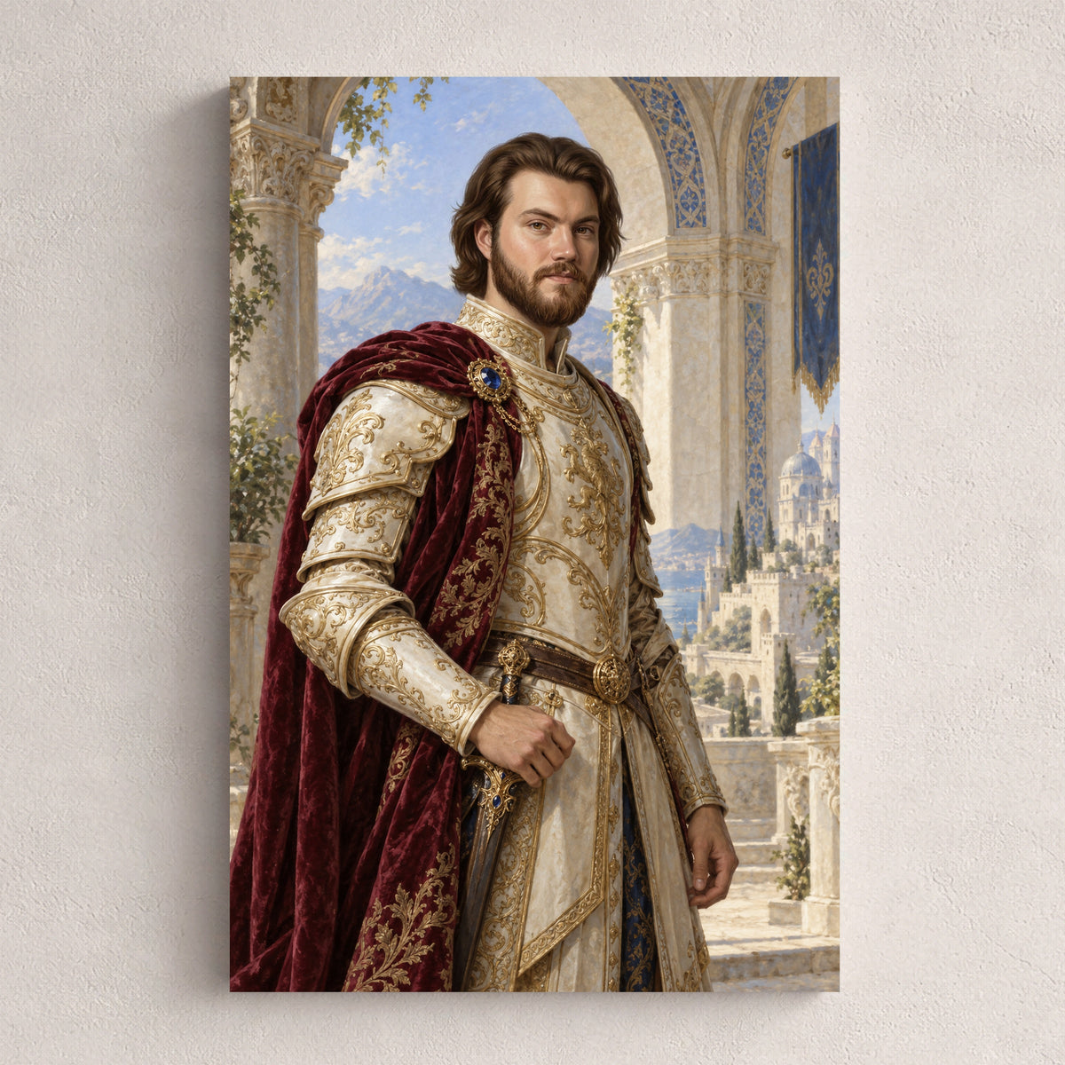 Książę złotego pałacu — personalizowany portret ze zdjęcia na płótnie, przykład obrazu w rozmiarze 20×30 cm na jasnej ścianie.