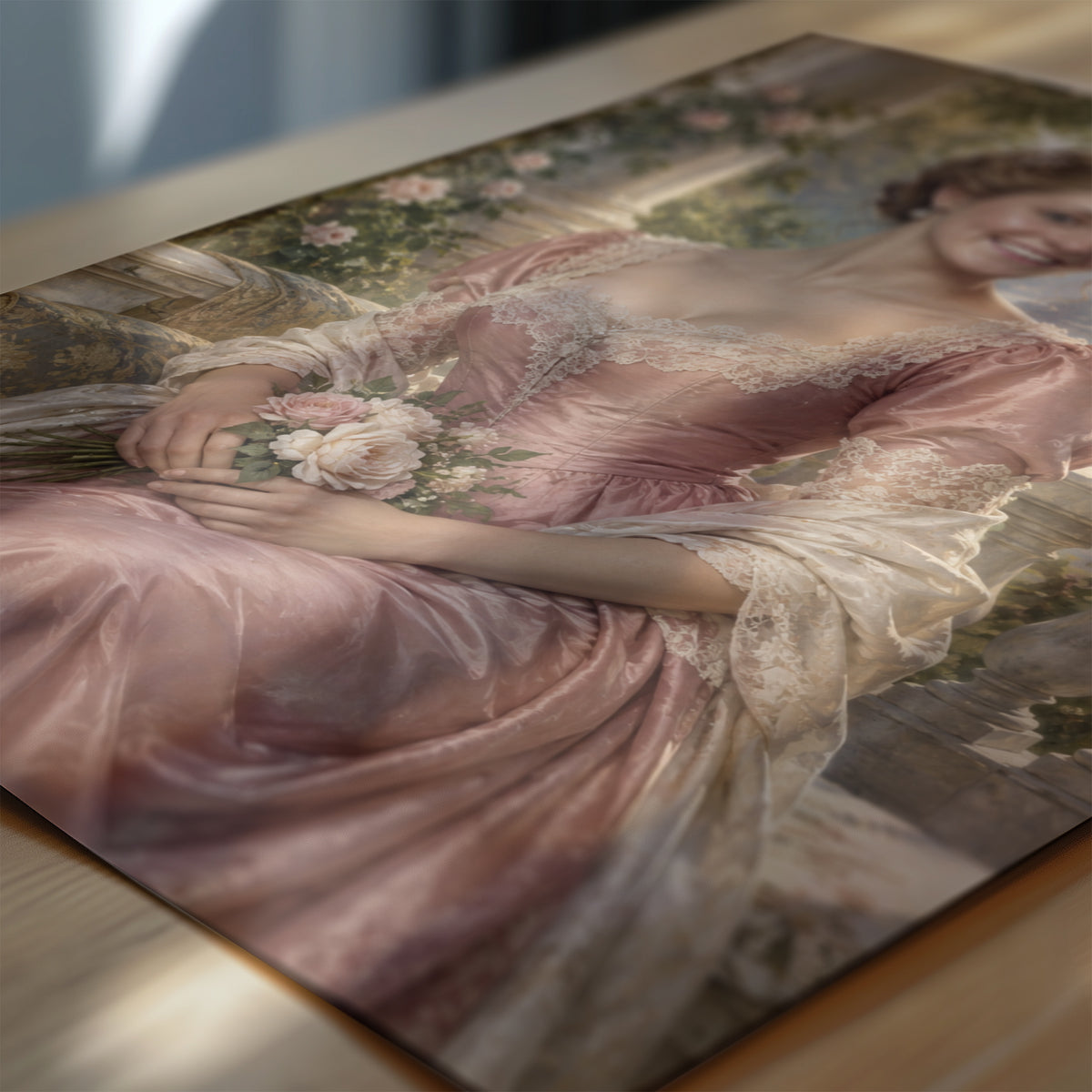 Zbliżenie plakatu Księżna Róż: detale malarskiego kostiumu, rekwizytów i tła na papierze fotograficznym. C-PL-ROY-19-2130-NF