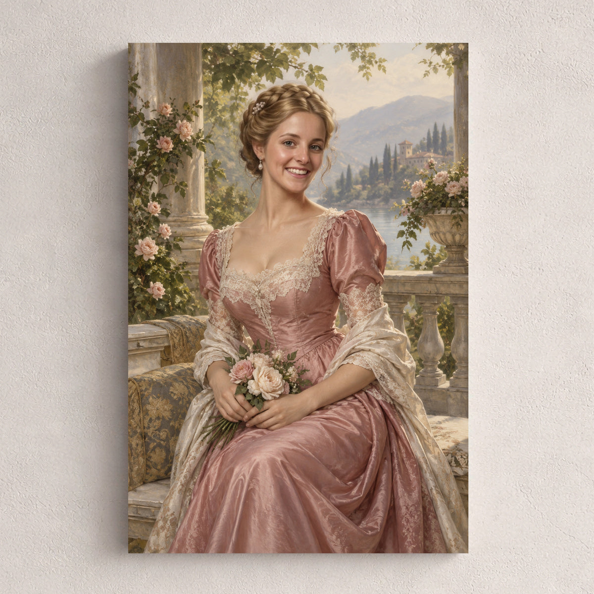 Księżna róż — personalizowany portret ze zdjęcia na płótnie, przykład obrazu w rozmiarze 20×30 cm na jasnej ścianie.