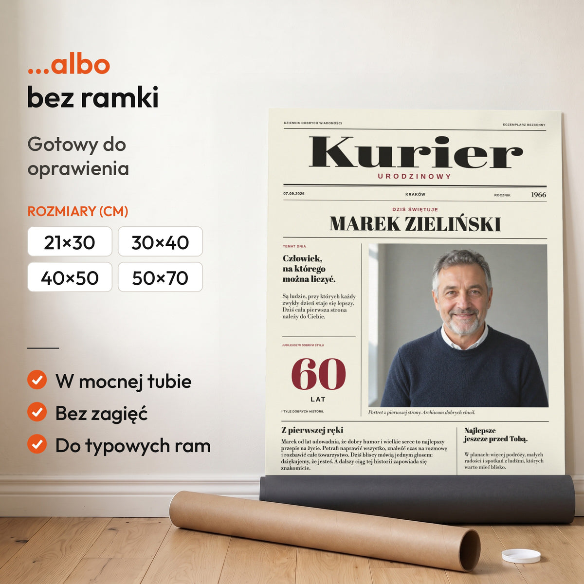 KURIER — plakat bez ramki, gotowy do oprawienia: rozwinięty z rolki, obok tuba do wysyłki. C-PL-GAZ-6-2130-NF