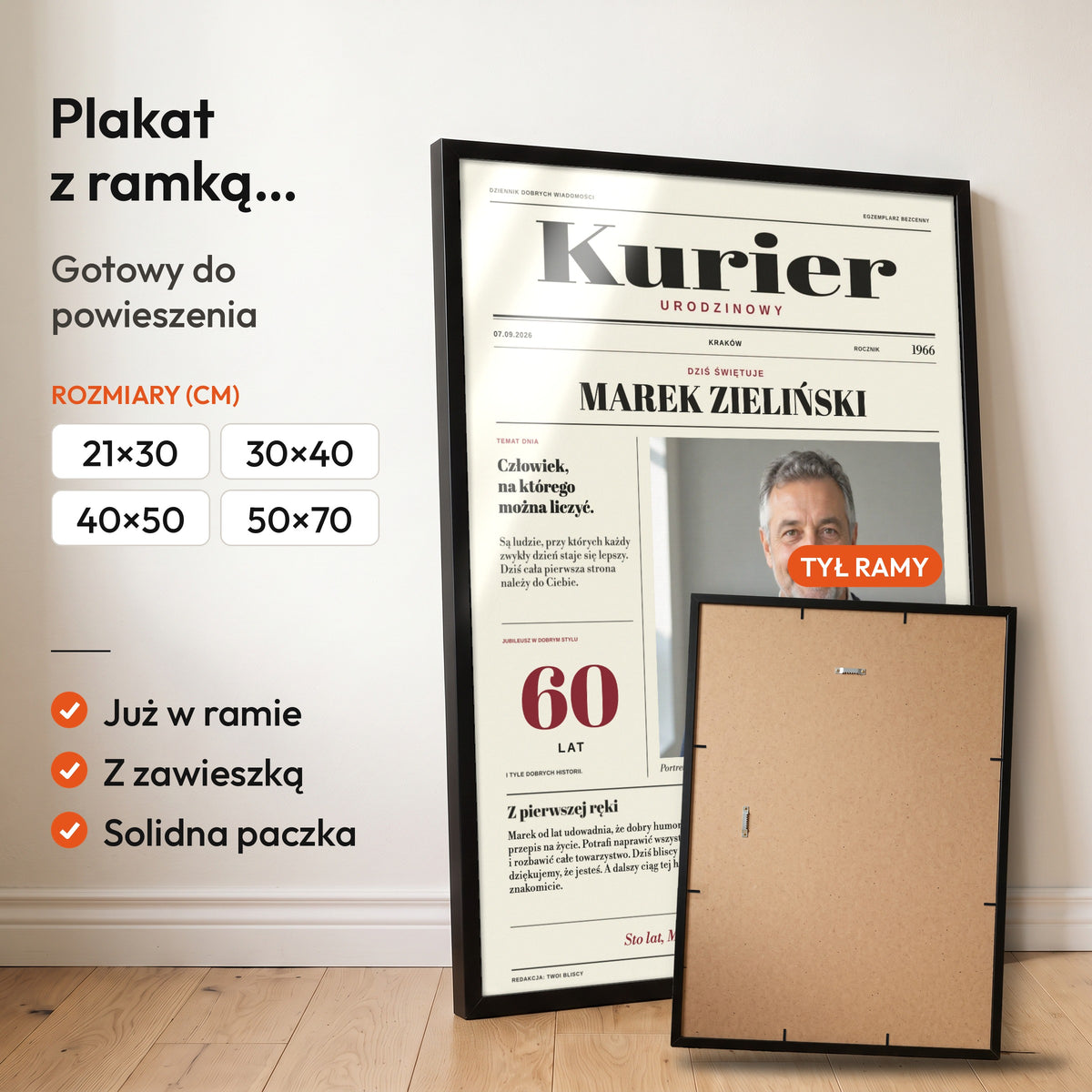 KURIER — plakat z ramką, gotowy do powieszenia: czarna rama od przodu i tył ramy z zawieszką. C-PL-GAZ-6-2130-NF