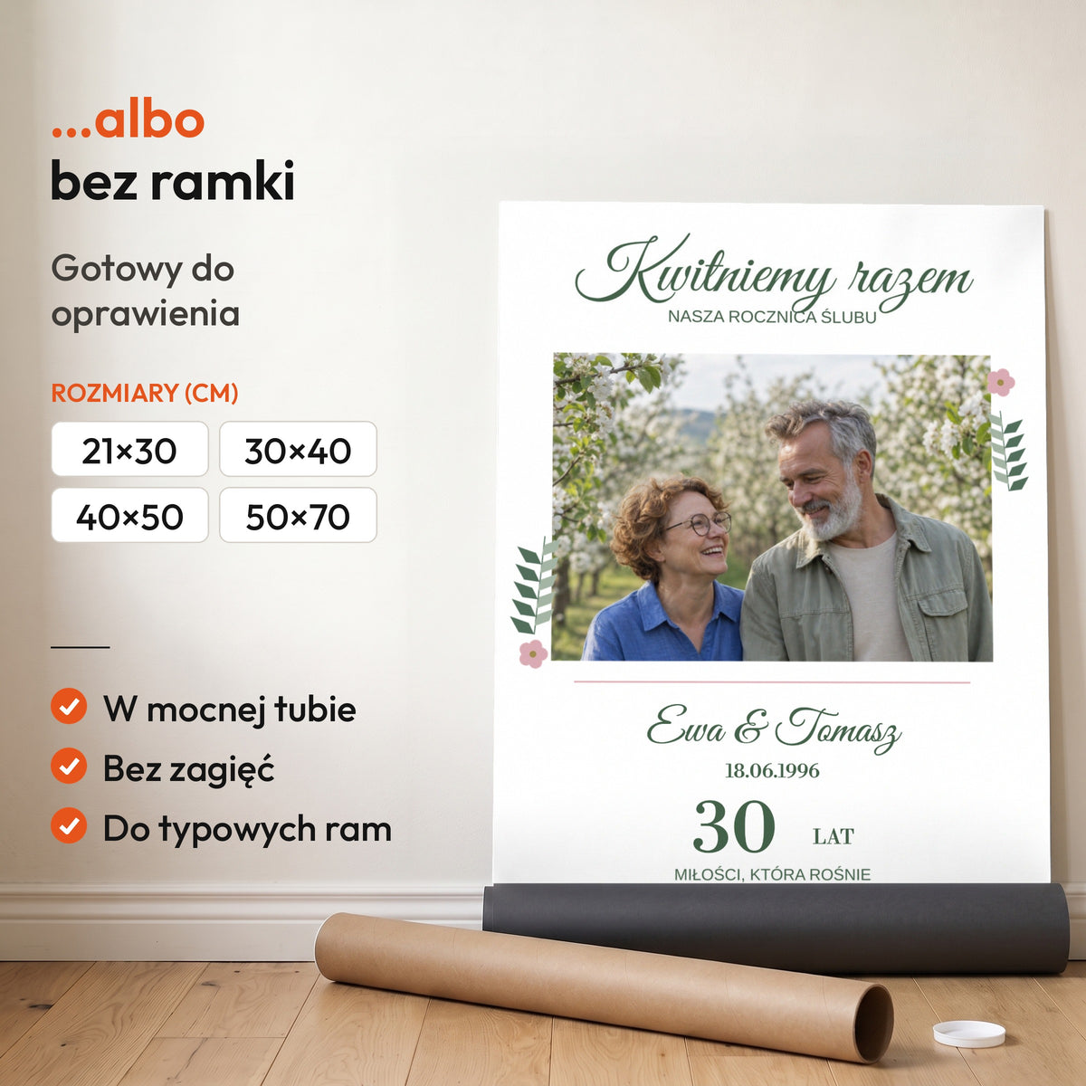 Kwitniemy Razem — plakat bez ramki, gotowy do oprawienia: rozwinięty z rolki, obok tuba do wysyłki. C-PL-HEART-12-2130-NF