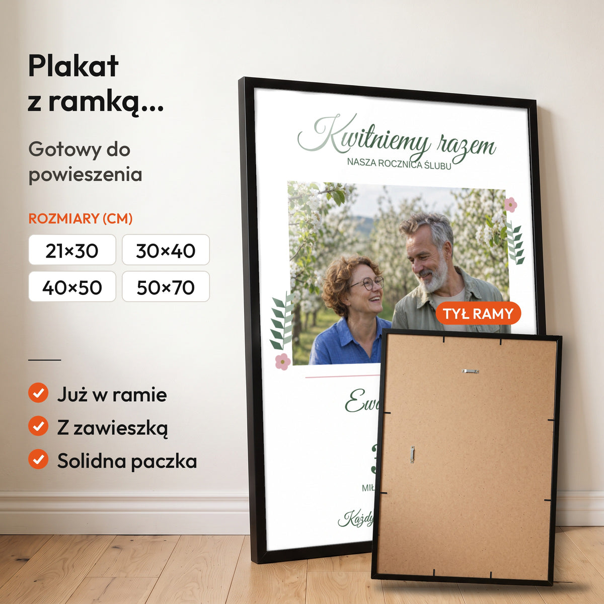 Kwitniemy Razem — plakat z ramką, gotowy do powieszenia: czarna rama od przodu i tył ramy z zawieszką. C-PL-HEART-12-2130-NF