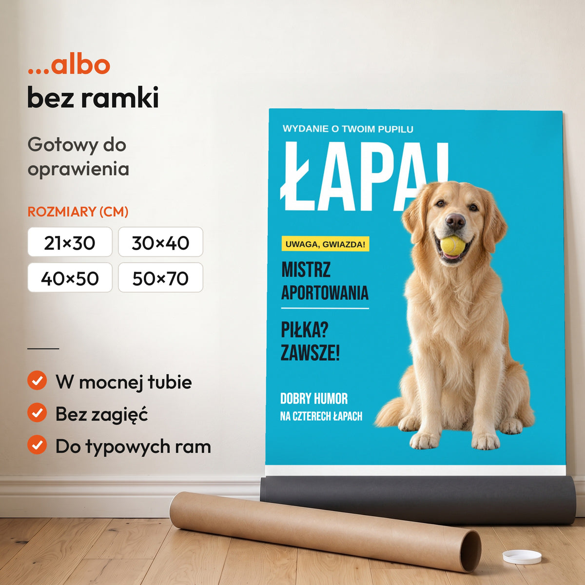 ŁAPA! — plakat bez ramki, gotowy do oprawienia: rozwinięty z rolki, obok tuba do wysyłki. C-PL-PET-1-2130-NF