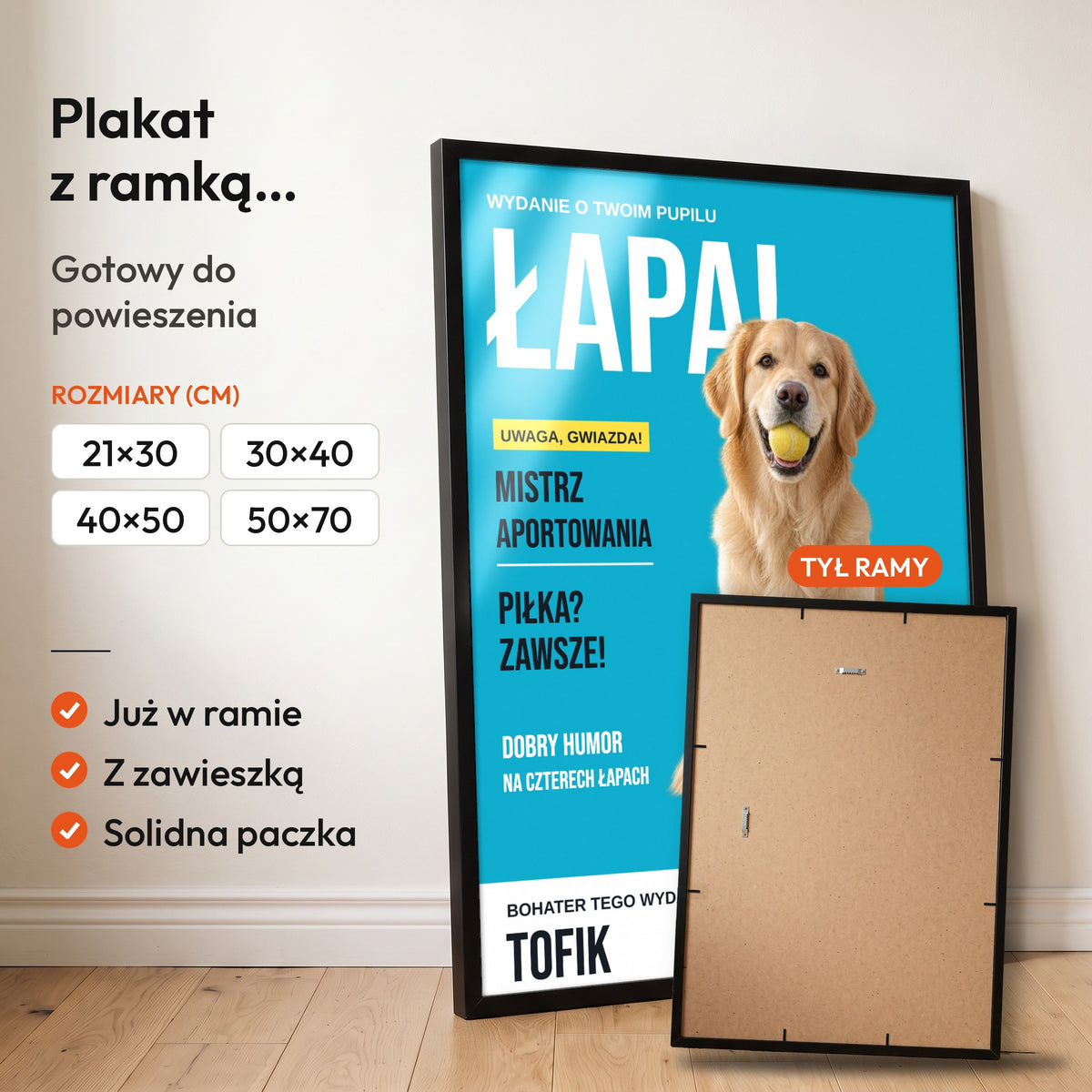 ŁAPA! — plakat z ramką, gotowy do powieszenia: czarna rama od przodu i tył ramy z zawieszką. C-PL-PET-1-2130-NF