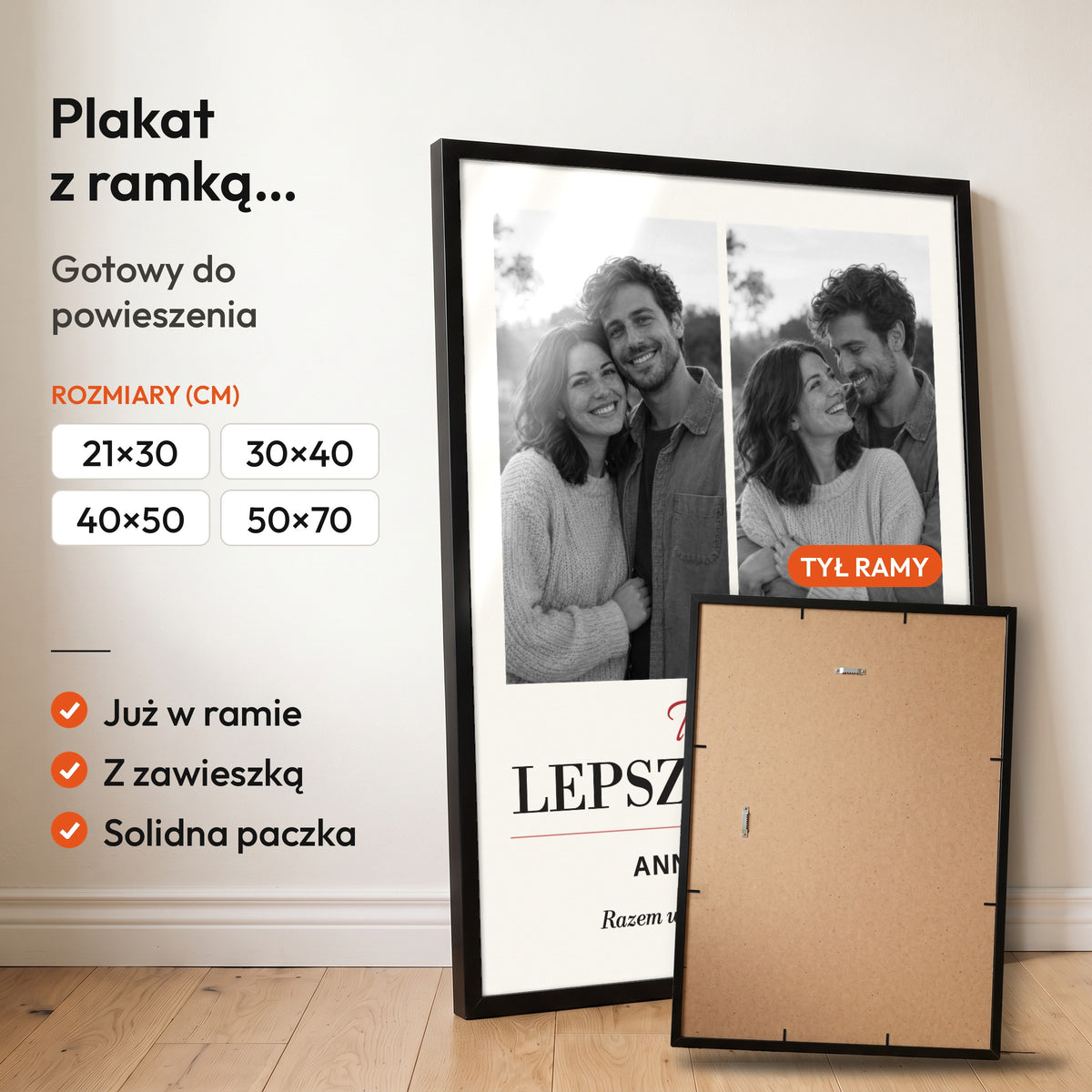 LEPSZA POŁOWA — plakat z ramką, gotowy do powieszenia: czarna rama od przodu i tył ramy z zawieszką. C-PL-HEART-27-2130-NF