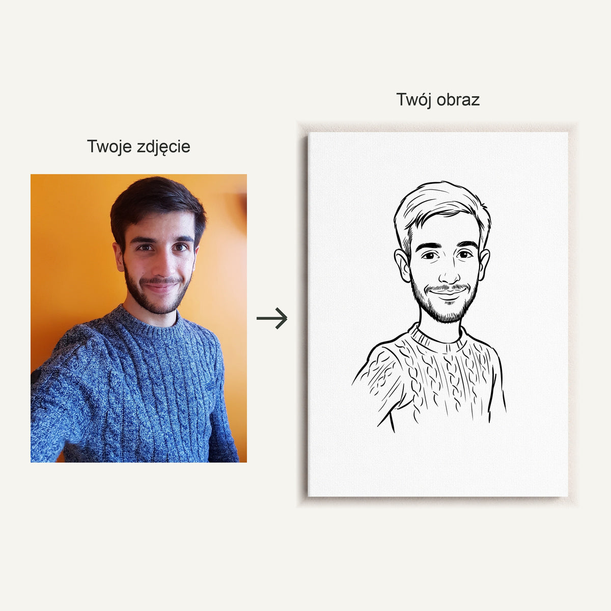 Karykatura ze zdjęcia — Lineart — zdjęcie źródłowe jednej osoby i portret po personalizacji C-CV-KAR-25-2030