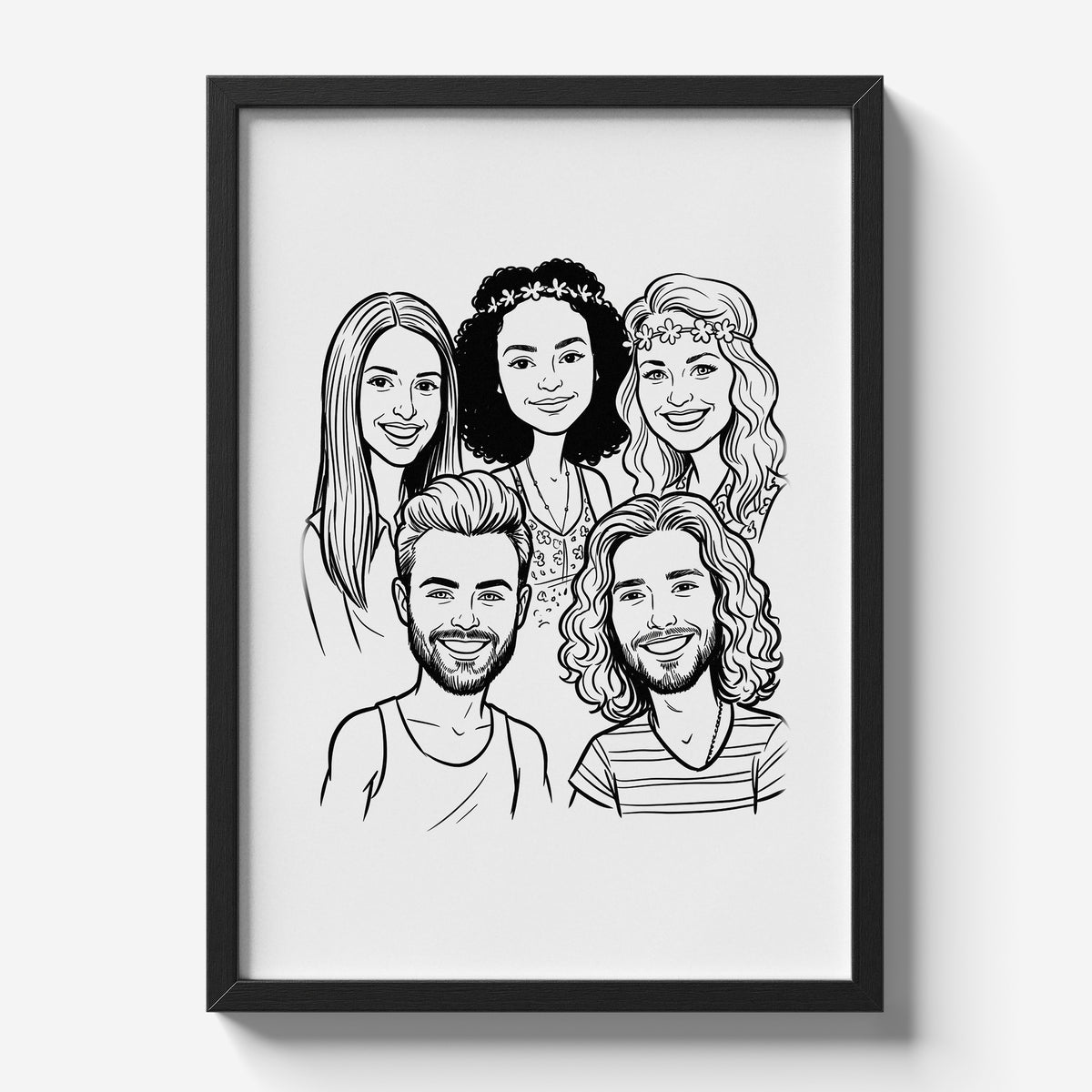 Karykatura ze zdjęcia — Lineart — plakat w czarnej ramie, rysunek pięciu przyjaciół z jednego zdjęcia