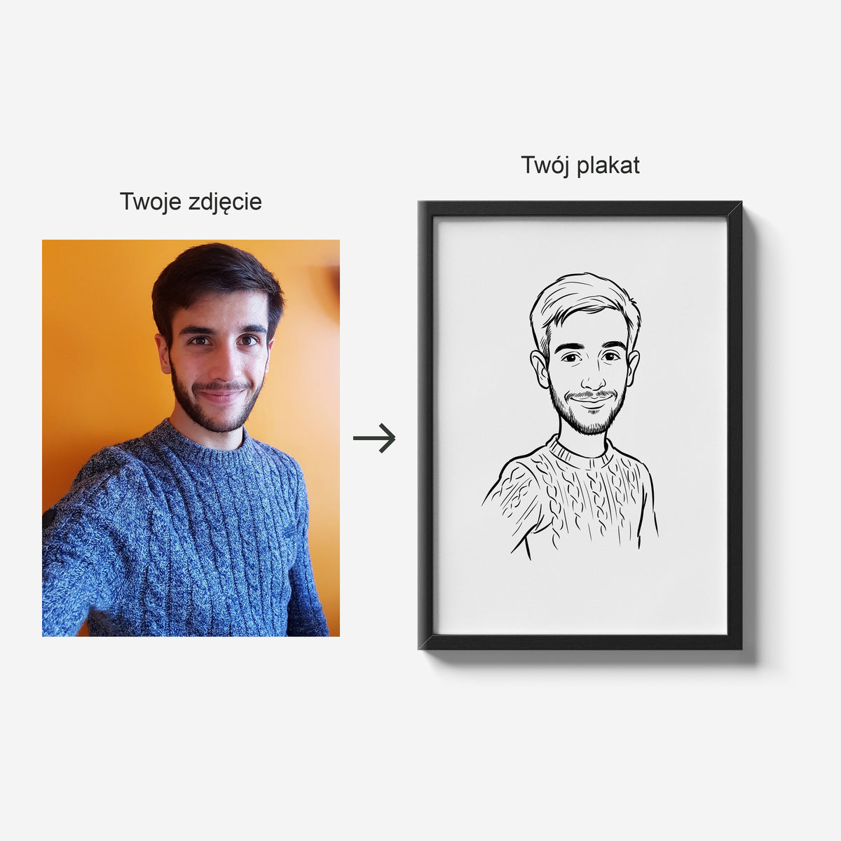 Karykatura ze zdjęcia — Lineart — zdjęcie źródłowe jednej osoby i portret po personalizacji C-PL-KAR-25-2130-NF