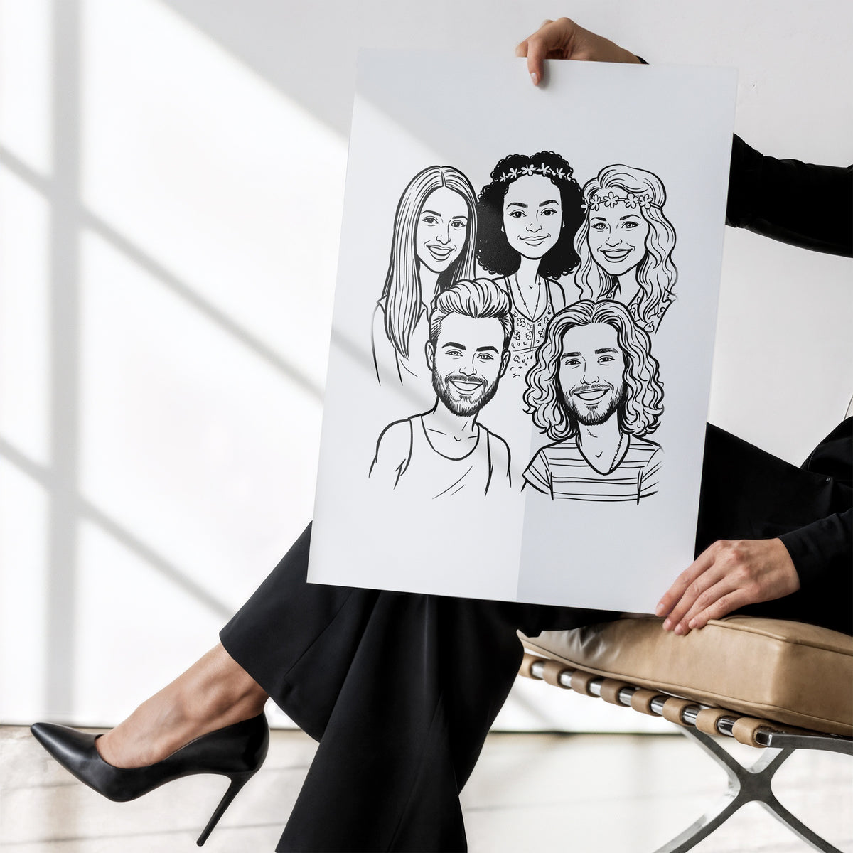 Karykatura ze zdjęcia — Lineart — plakat w dłoniach, rysunek pięciu przyjaciół C-PL-KAR-25-2130-NF