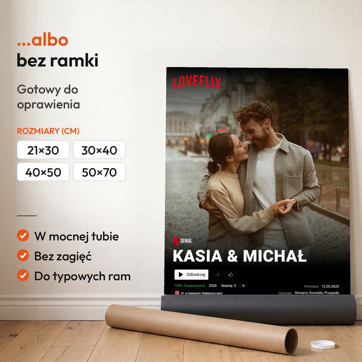 Loveflix — plakat bez ramki, gotowy do oprawienia: rozwinięty z rolki, obok tuba do wysyłki. C-PL-HEART-2-2130-NF