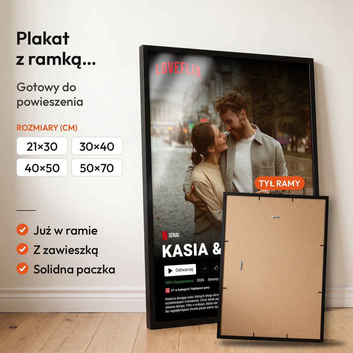 Loveflix — plakat z ramką, gotowy do powieszenia: czarna rama od przodu i tył ramy z zawieszką. C-PL-HEART-2-2130-NF