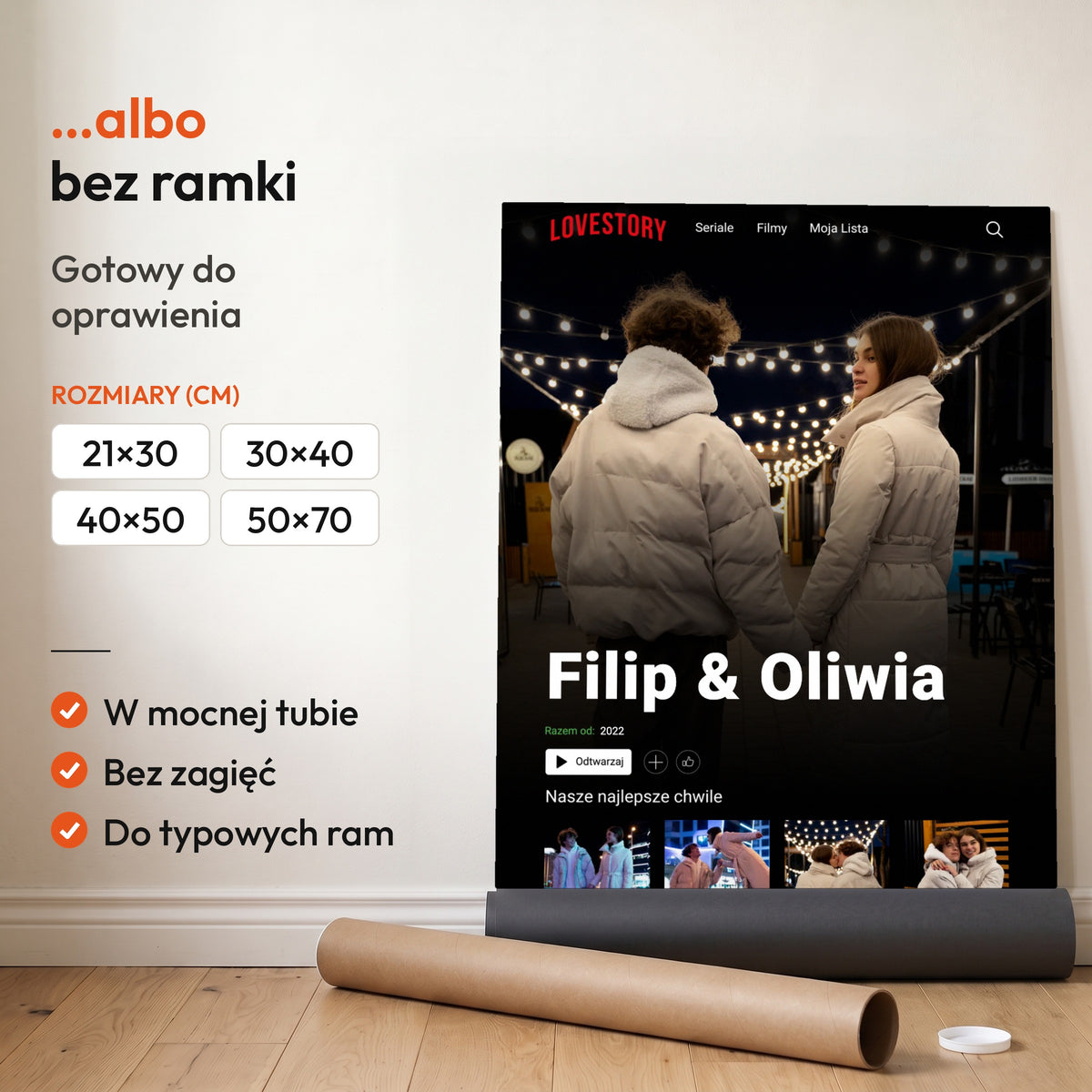 Lovestory — plakat bez ramki, gotowy do oprawienia: rozwinięty z rolki, obok tuba do wysyłki. C-PL-HEART-1-2130-NF