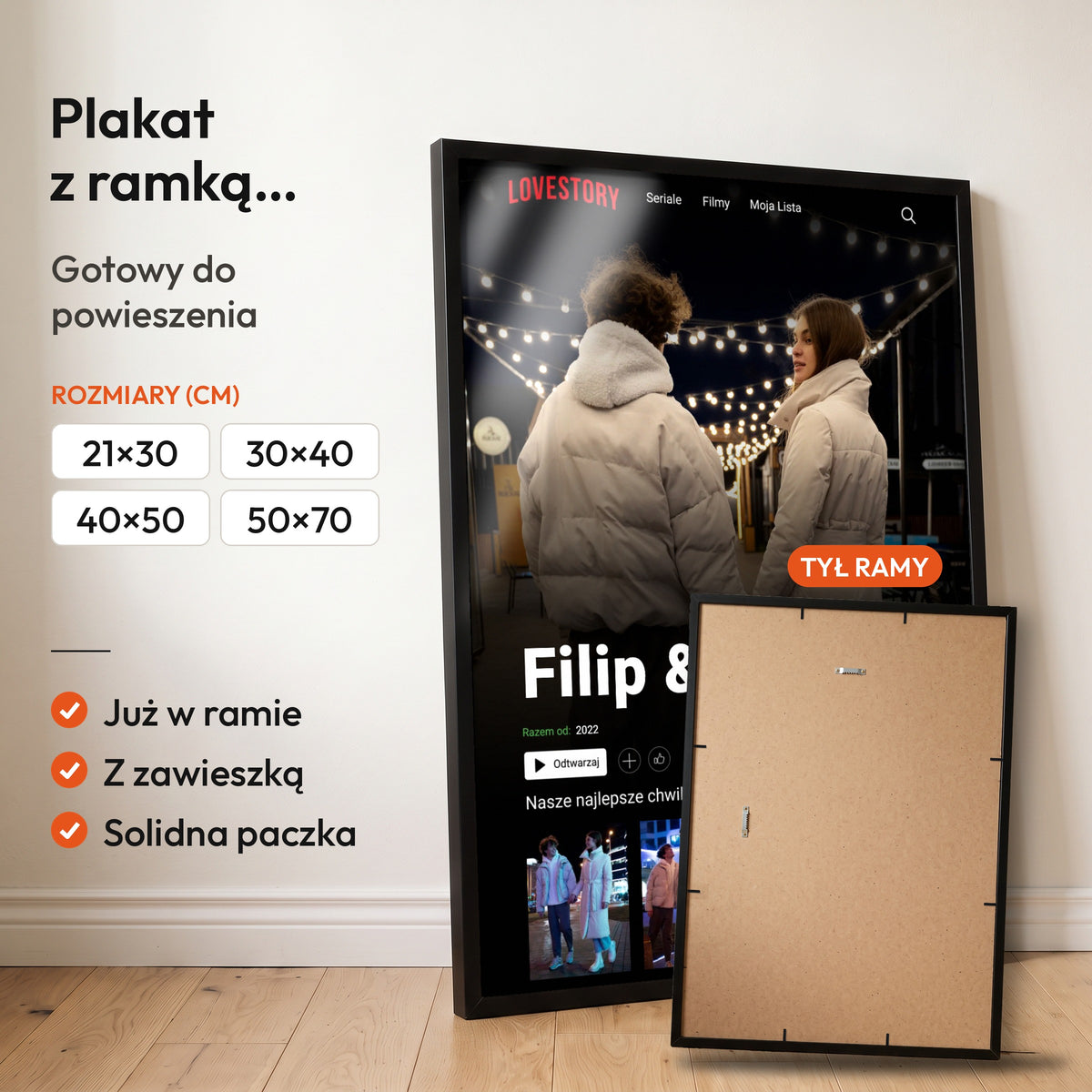 Lovestory — plakat z ramką, gotowy do powieszenia: czarna rama od przodu i tył ramy z zawieszką. C-PL-HEART-1-2130-NF