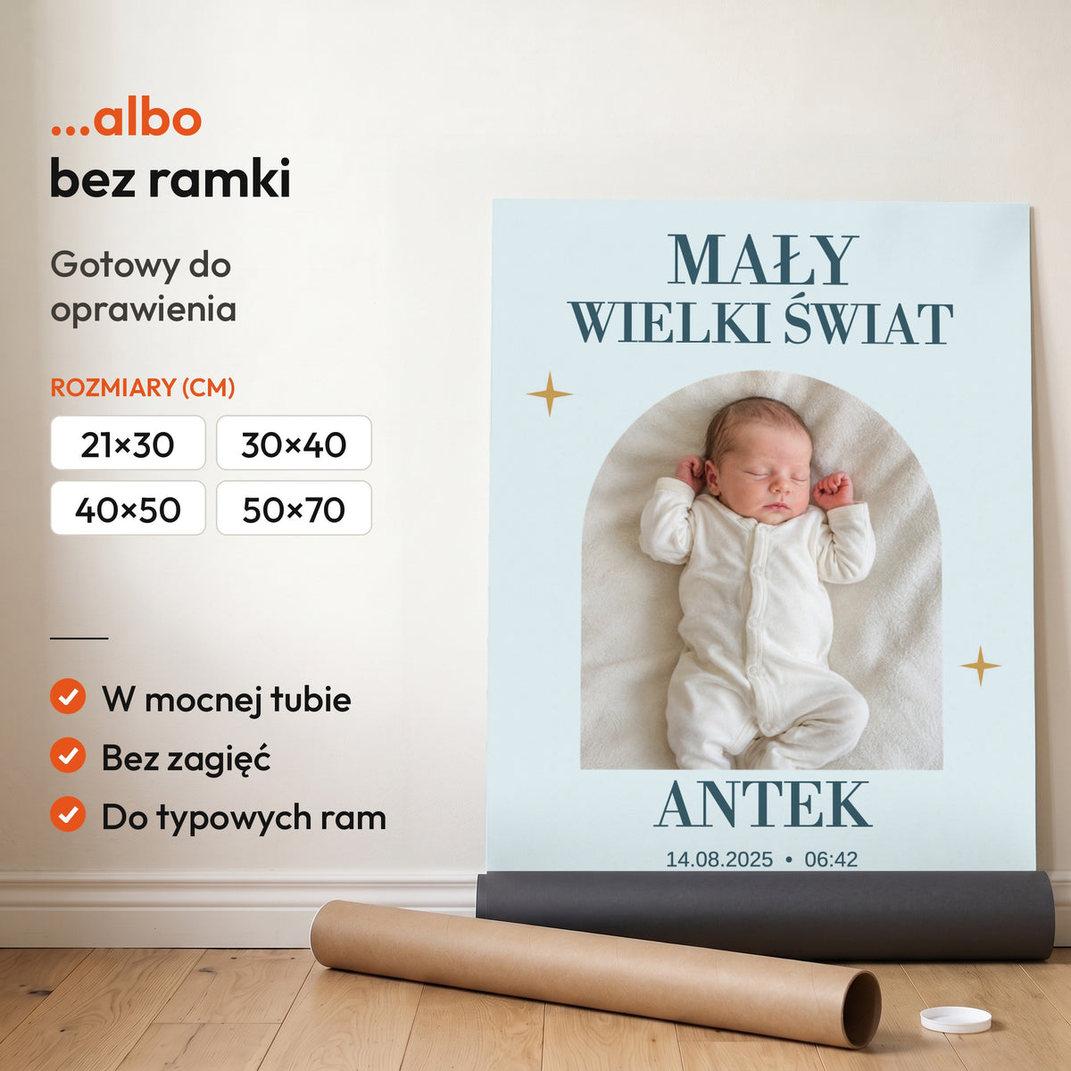 Mały Wielki Świat — plakat bez ramki, gotowy do oprawienia: rozwinięty z rolki, obok tuba do wysyłki. C-PL-BABY-4-2130-NF