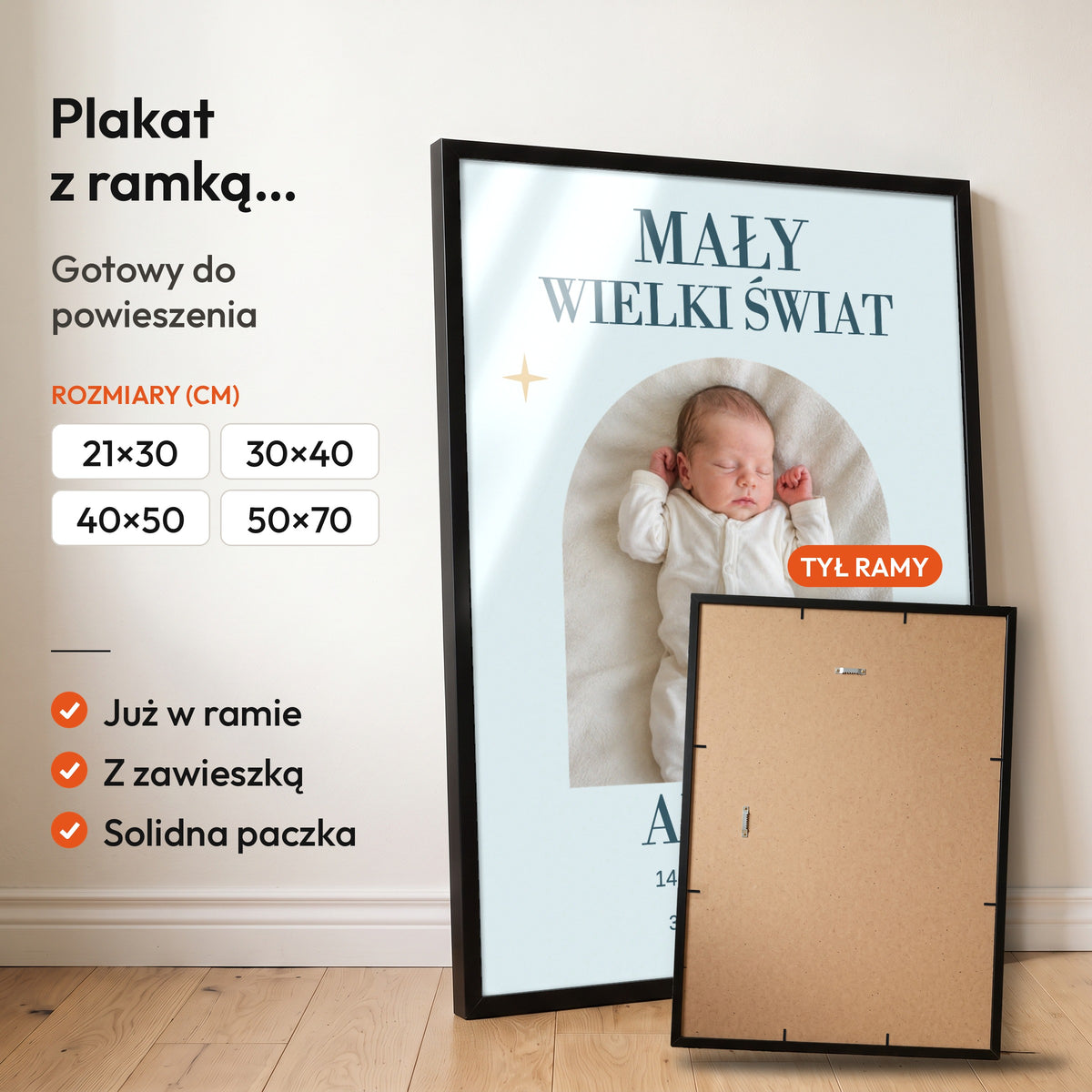 Mały Wielki Świat — plakat z ramką, gotowy do powieszenia: czarna rama od przodu i tył ramy z zawieszką. C-PL-BABY-4-2130-NF