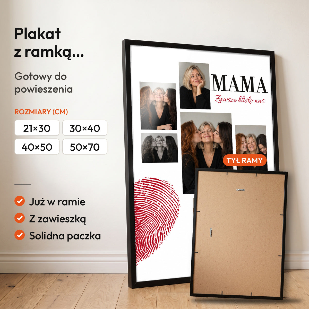 MAMA — plakat z ramką, gotowy do powieszenia: czarna rama od przodu i tył ramy z zawieszką. C-PL-HEART-18-2130-NF