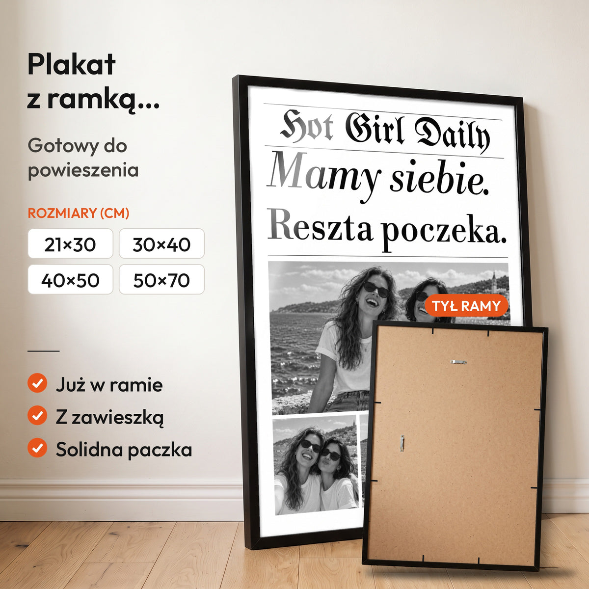 Mamy Siebie — plakat z ramką, gotowy do powieszenia: czarna rama od przodu i tył ramy z zawieszką. C-PL-GAZ-11-2130-NF
