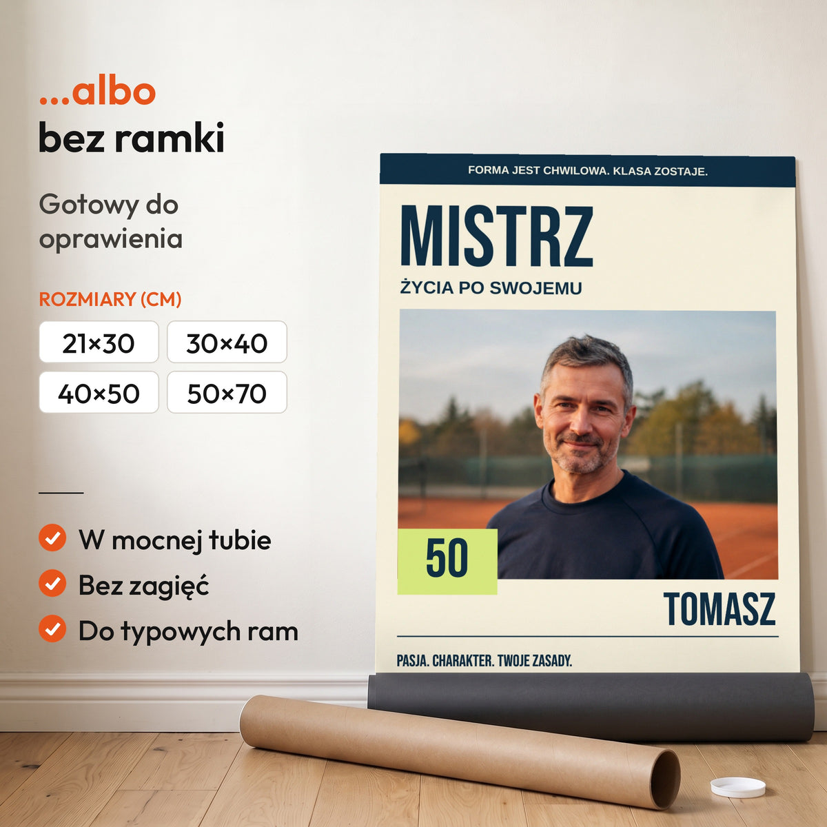 MISTRZ — plakat bez ramki, gotowy do oprawienia: rozwinięty z rolki, obok tuba do wysyłki. C-PL-COVMAG-11-2130-NF