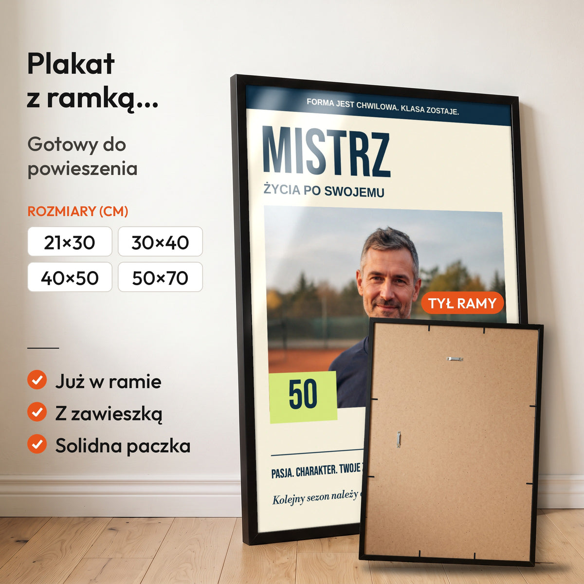 MISTRZ — plakat z ramką, gotowy do powieszenia: czarna rama od przodu i tył ramy z zawieszką. C-PL-COVMAG-11-2130-NF