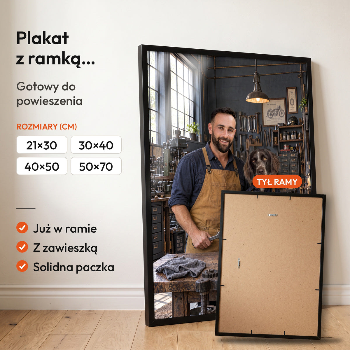 Mistrzowie Warsztatu — plakat z psem — gotowy do powieszenia w ramce C-PL-ROY-PET-05-2130-NF