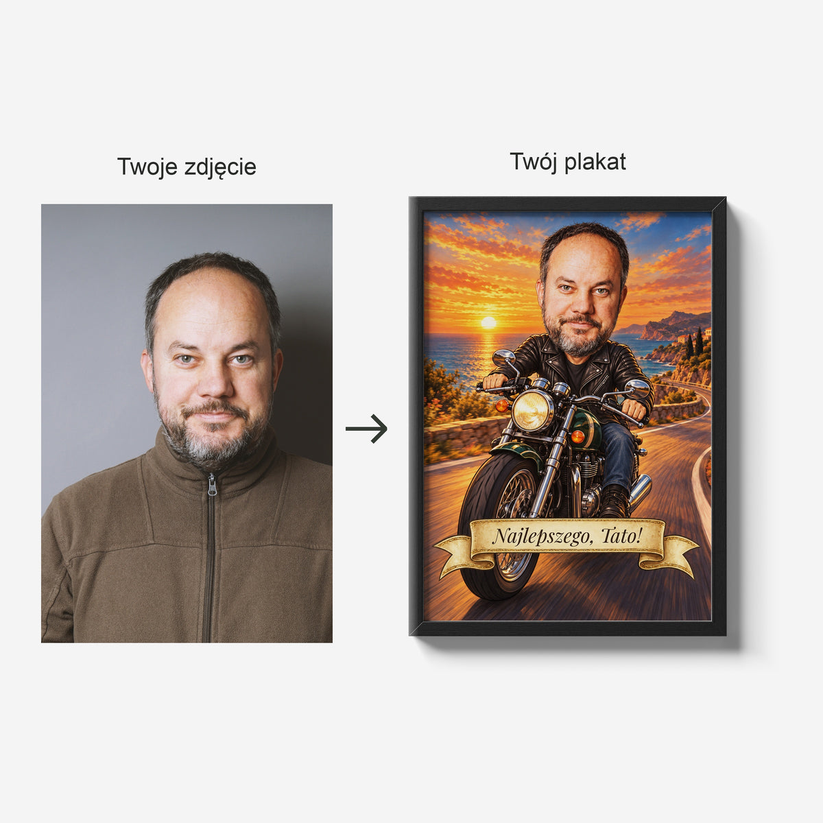 Motocyklista — zdjęcie źródłowe i gotowy plakat w czarnej ramie; porównanie tej samej osoby przed i po personalizacji. C-PL-KAR-06-2130-NF