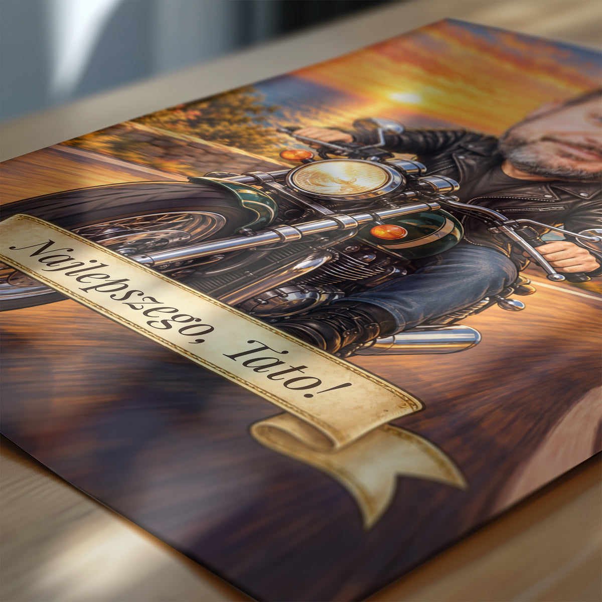 Zbliżenie plakatu Motocyklista: detale karykatury, wstęgi z dedykacją i tła na papierze fotograficznym. C-PL-KAR-06-2130-NF