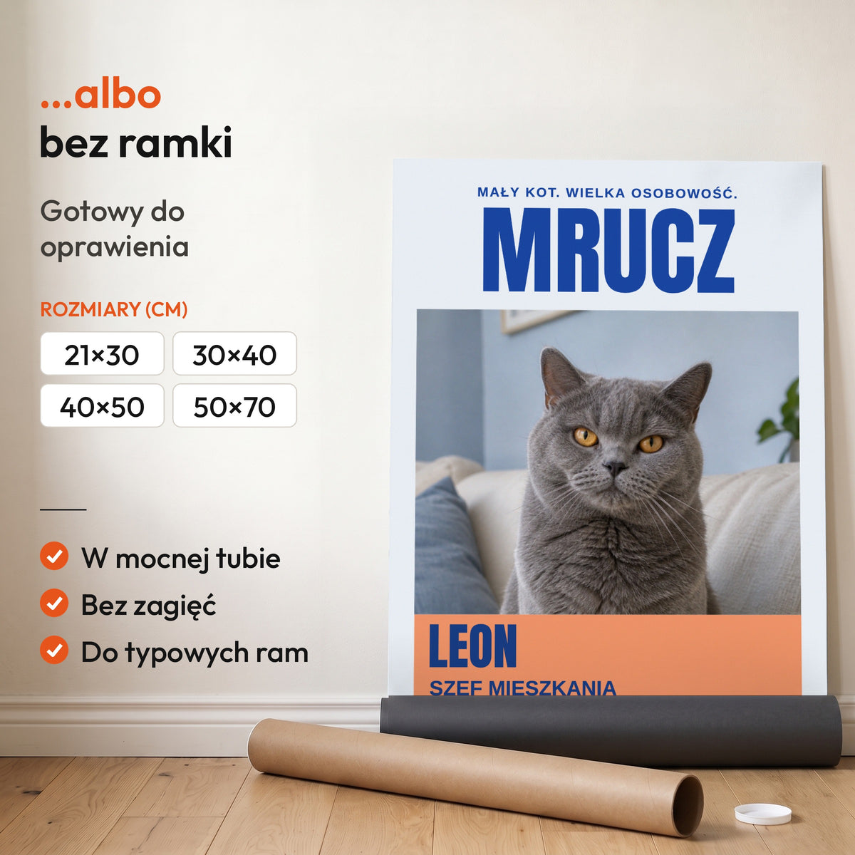 MRUCZ — plakat bez ramki, gotowy do oprawienia: rozwinięty z rolki, obok tuba do wysyłki. C-PL-PET-6-2130-NF