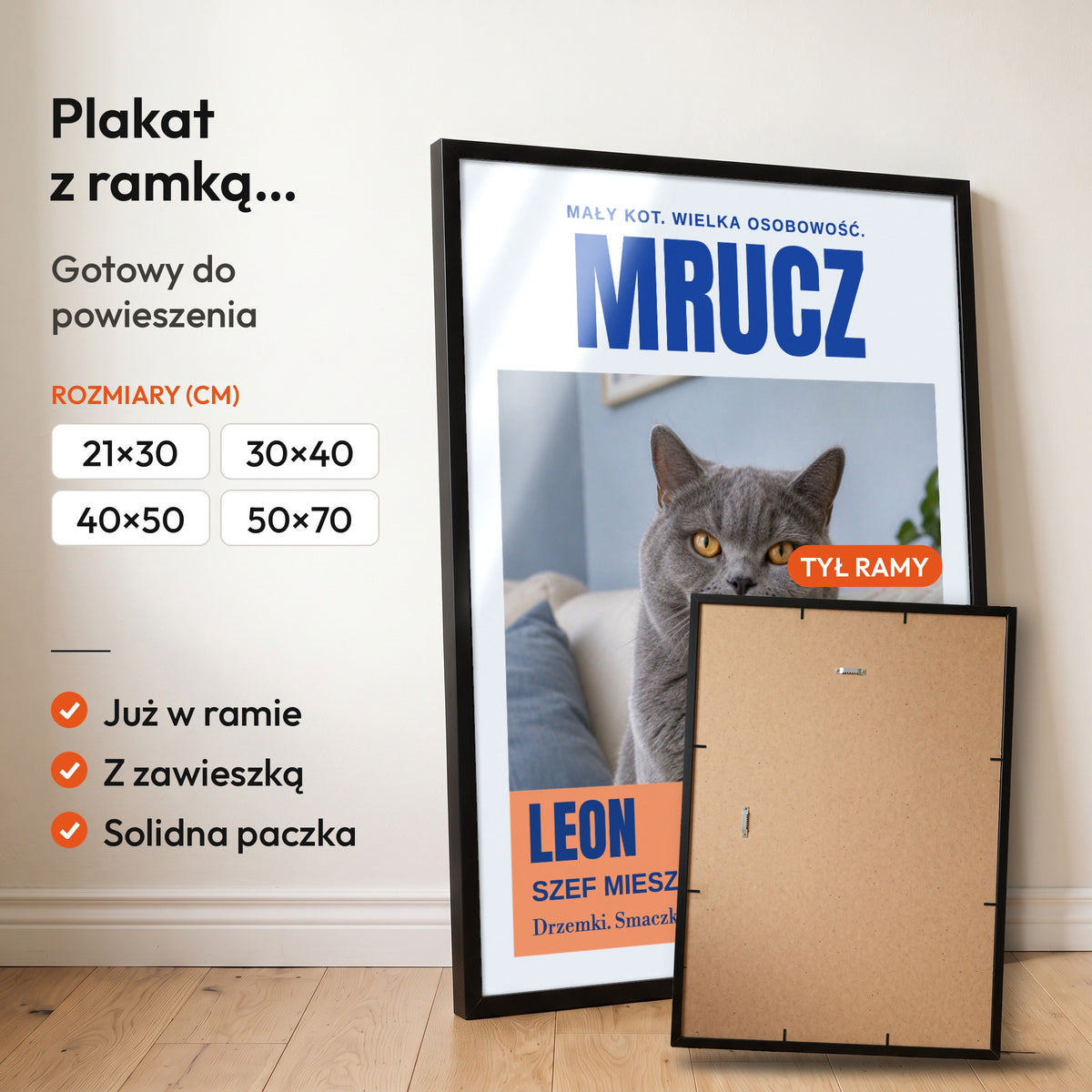 MRUCZ — plakat z ramką, gotowy do powieszenia: czarna rama od przodu i tył ramy z zawieszką. C-PL-PET-6-2130-NF