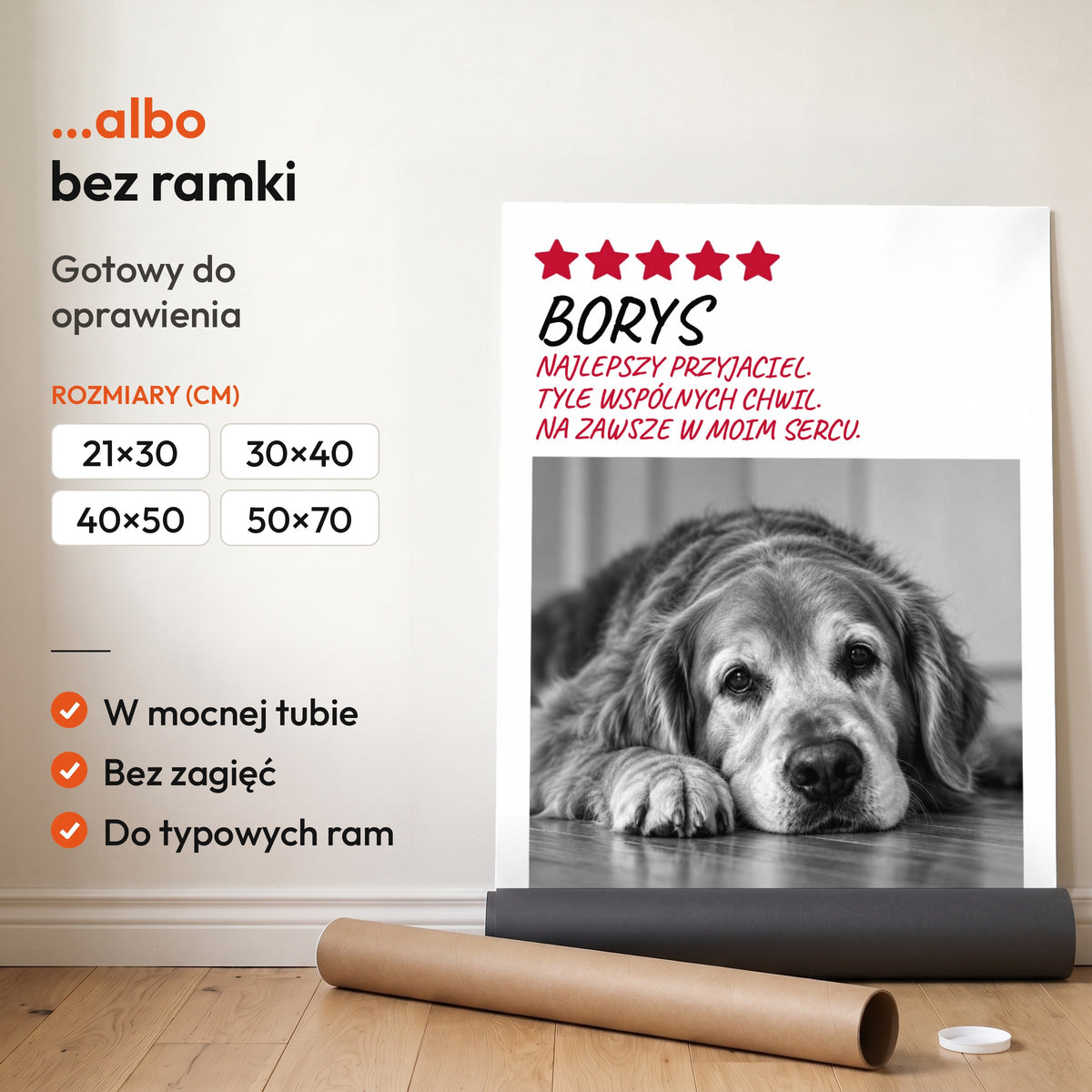 Na Zawsze W Sercu — plakat bez ramki, gotowy do oprawienia: rozwinięty z rolki, obok tuba do wysyłki. C-PL-PET-5-2130-NF