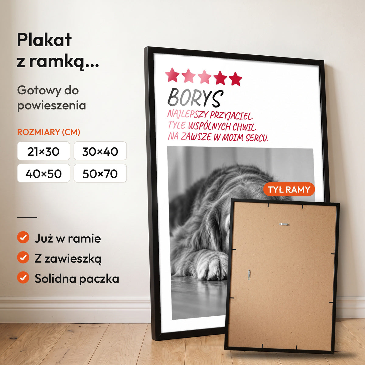 Na Zawsze W Sercu — plakat z ramką, gotowy do powieszenia: czarna rama od przodu i tył ramy z zawieszką. C-PL-PET-5-2130-NF