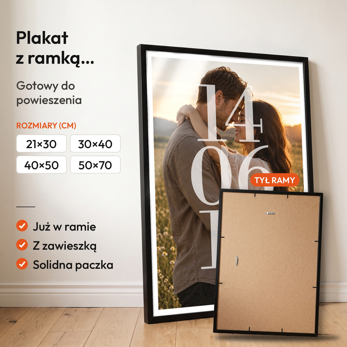 NASZA DATA — plakat z ramką, gotowy do powieszenia: czarna rama od przodu i tył ramy z zawieszką. C-PL-HEART-19-2130-NF