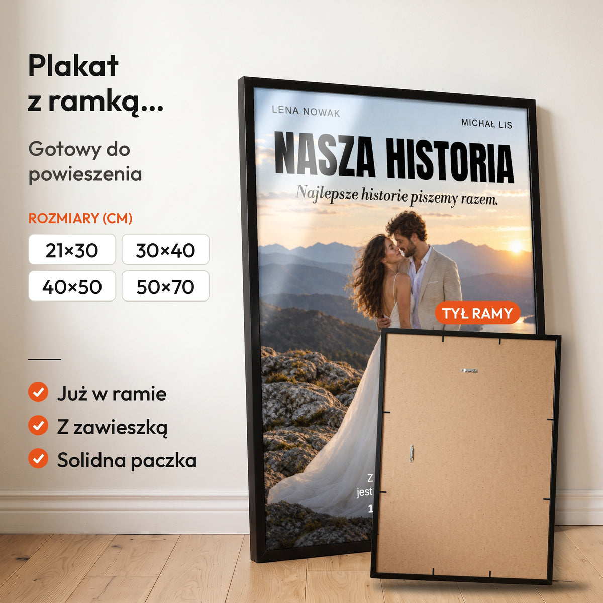 NASZA HISTORIA — plakat z ramką, gotowy do powieszenia: czarna rama od przodu i tył ramy z zawieszką. C-PL-HEART-17-2130-NF